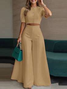 New Women's Clothing Fashion And Temperament Casual Elegant Short Blouse And Two-Piece Pants Suit - 卡其色 - 查看 1