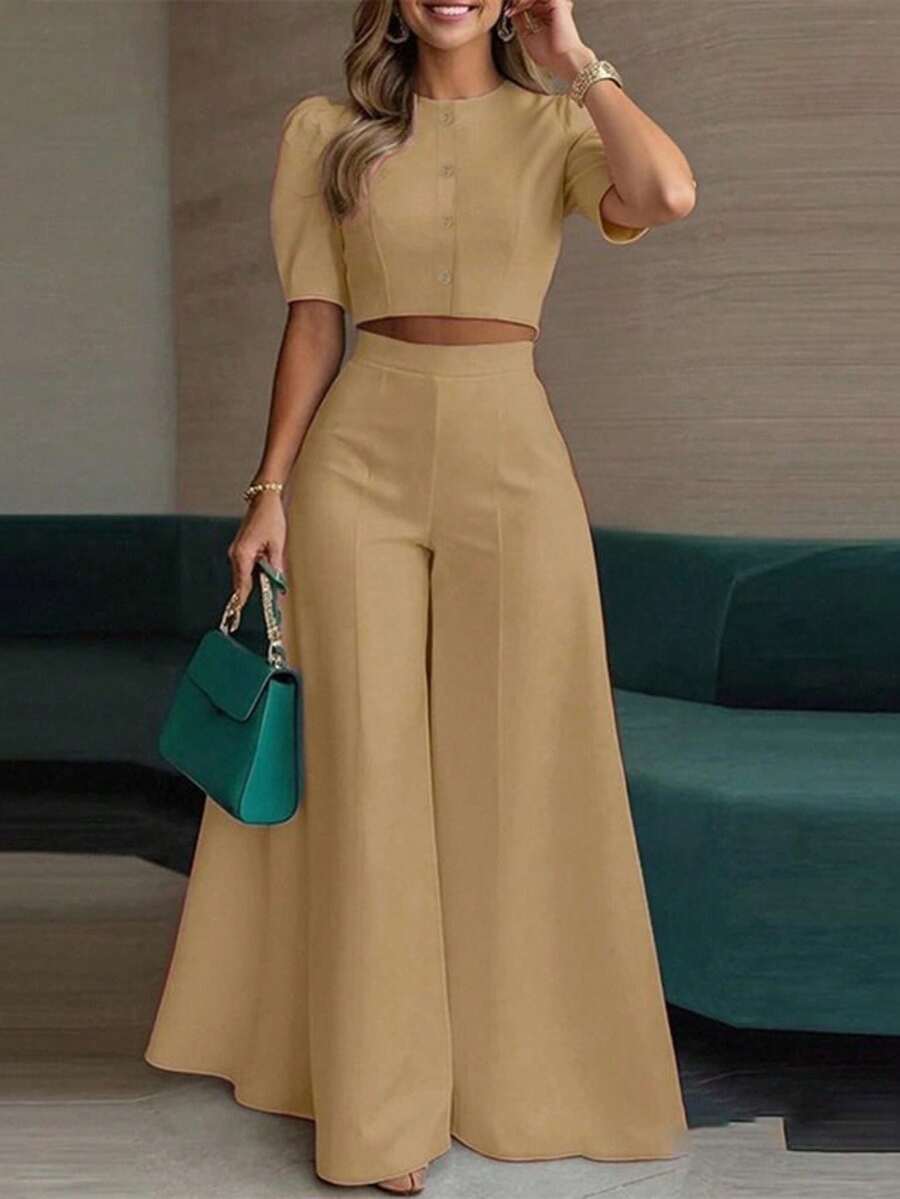 New Women's Clothing Fashion And Temperament Casual Elegant Short Blouse And Two-Piece Pants Suit - 卡其色 - 查看 1