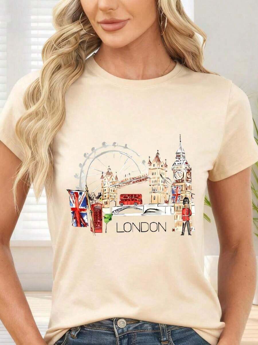 GiftT-Shirt With London And Iconic Monuments Print For Travel And Leisure (Soft) - 杏 - 查看 1
