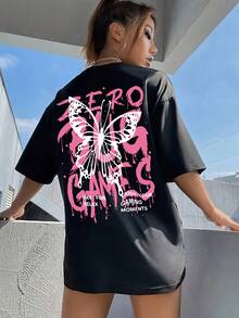 Camiseta de Hombros Caídos con Estampado de Letras y Mariposas, Manga Corta, Cuello Redondo, Estilo Casual para Primavera y Verano, Ropa de Mujer Y2k - Negro - Ver 10