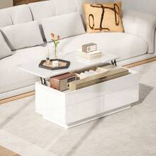 Height-Adjustable Coffee Table, Modern Living Room Table With Hidden Storage And 2 Drawers, Glossy White. - White - View 2