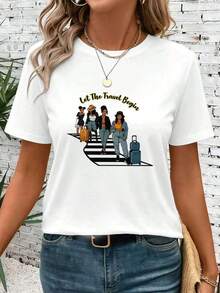 Camiseta casual de mujer con estampado gráfico de viaje, algodón premium, corte holgado, estilo hip-hop urbano, cómoda, estampado artístico. - Blanco - Ver 1