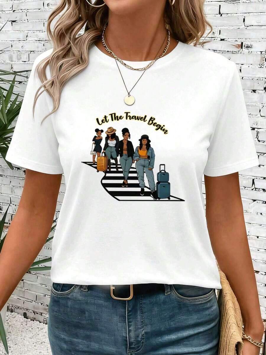 Camiseta casual de mujer con estampado gráfico de viaje, algodón premium, corte holgado, estilo hip-hop urbano, cómoda, estampado artístico. - Blanco - Ver 1