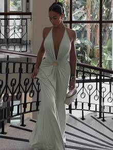 Vestido largo fiesta mujer cuello halter escote V profundo espalda descubierta cintura ajustada estilo europeo elegante - Verde - Ver 4