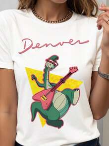 Women's White Short Sleeve Round Neck T Shirt With Denver Dinosaur Graphic Print High Stretch Regular Length Top Casual Ropa deportiva estilo Y2K, cuello redondo, 100% algodón, tejido suave, manga corta. - Blanco - Ver 3