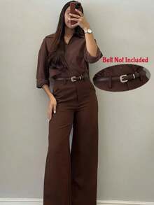 Pantalones casuales de pierna acampanada con diseño minimalista para mujer, adecuados para ir al trabajo, la oficina, uso diario, todas las estaciones, primavera - Marrón - Ver 4