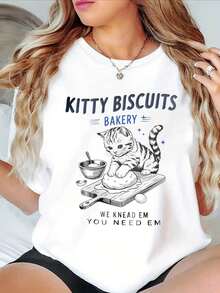 Talla Grande, Camiseta Bonita de Talla Grande para Mujer - Estampado de Gatito Amasando Masa y Lema de Panadería Kitty Biscuits, Top Casual de Manga Corta con Cuello Redondo para Panaderos, Amantes de la Repostería, Atuendos de Primavera Verano (Blanco) - Ropa Divertida - Camiseta Temática Y2k - Blanco - Ver 1