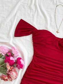 Vestido mini ajustado de punto rojo con hombros descubiertos para mujer, diseño con espalda calada, adecuado para vacaciones, citas, té de la tarde, temporada de bodas, playa, crucero, vacaciones en la ciudad, vacaciones bohemias, festivales de - Rojo 2 - Ver 4