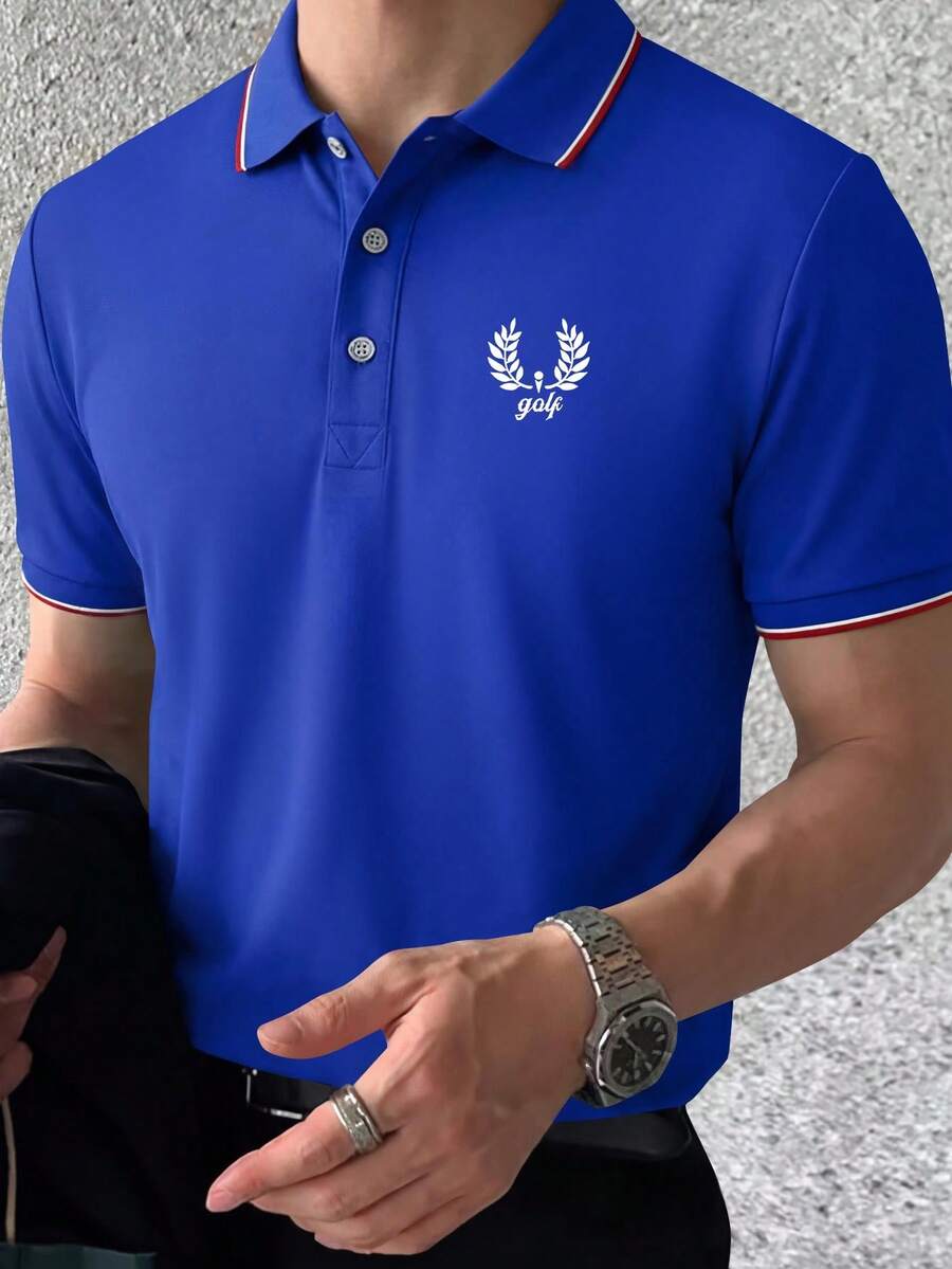 1 pièce Polo à manches courtes imprimé motif exquis pour homme, style business décontracté, grande taille pour homme, tissu confortable, convient pour le golf ou le tennis, les voyages en plein air, les loisirs à la maison, cadeau pour homme - Bleu azur - Voir 1