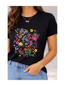 Soft 100% Cotton Women's Short-Sleeved T-Shirt With Multicolored Garden Floral Print, Botanical Wildflowers, Exotic Foliage, Casual Style, Breathable, Goes With Everything, Great. - 黑色 - 查看 2