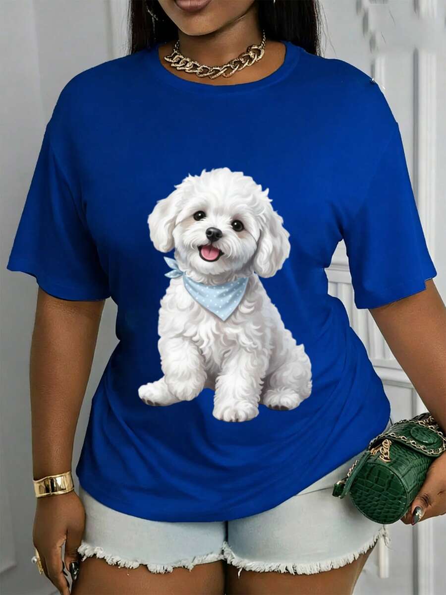 GiftBichon Spring/Summer Casual T-Shirt With Bichon Frise Print | Machine Washable, Stylish Base Layer, Suitable For Holidays And Special Occasions, Fashionable And Versatile, Comfortable Fabric, Seasonal Clothing, Durable And Soft Shirt. - 藍色 - 查看 1