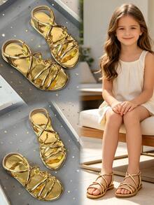 Giày sandal đế bằng quai ngang ánh kim cho trẻ em, quai ngang co giãn, hở mũi, giày casual mùa hè. - Vàng - Xem 3