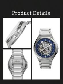 Fossil BQ2620 Evanston 男士自动机械表，蓝色镂空表盘，不锈钢材质，50米防水 - 藍色 - 查看 5