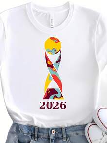 Playeras de mujer, blusas para mujer, blusas casuales para dama, Playera Gráfica Trofeo Abstracto Campeonato Fútbol 2026, Diseño de Arte Vibrante, Playera Blanca Manga Corta Casual Unisex, Ropa Transpirable para Aficionados al Deporte, Ideal para Uso Diario y Eventos, vestidos casuales para mujer ropa deportiva versátil - Blanco - Ver 7