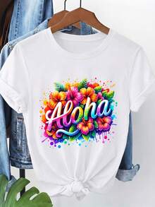 Camiseta de ujer con Estampado Hawaiano Aloha - anga Corta, Cuello Redondo, Blusa Casual con etras Aloha y Flores Hawaianas, Tejido Transpirable y avable a áquina, Ideal para Todas las Estaciones, Ropa de Playa para Primavera y Verano, Outfits con Temática Hawaianaverano mujer/Mujeres antes del Año Nuevo/ropa de playa/ontre mujer premium/Camiseta tropical de Carol pequeña/maija mujer - Blanco - Ver 1