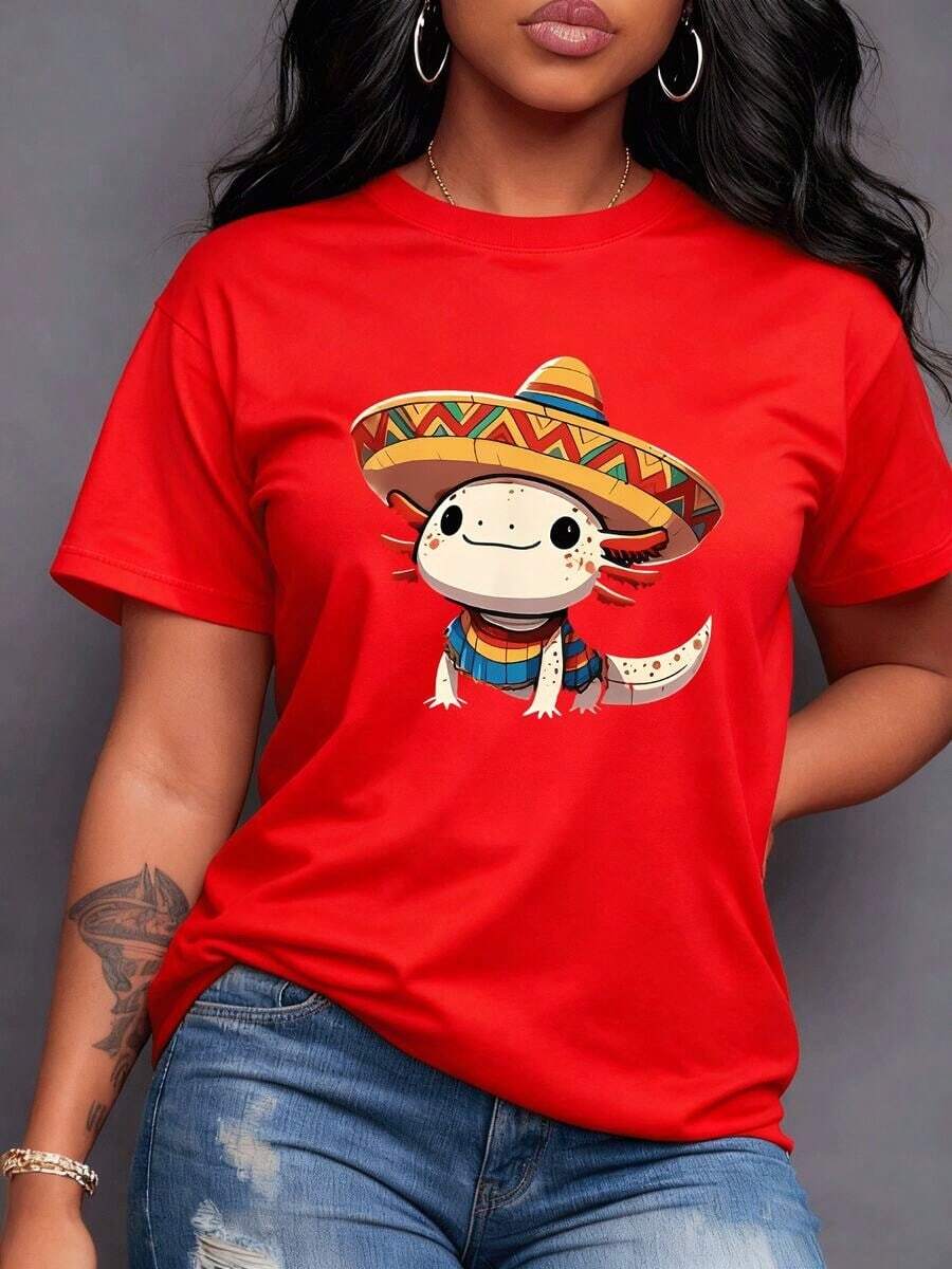 A Smiling Axolotl Wearing A Festive Mexican Hat And A Vibrant Striped Poncho Represents The Joy And Culture Of Mexico. An Adorable Aquatic Creature. Women's T-Shirt, 100% Soft, Breathable Cotton, Perfect For Summer. - 紅色 - 查看 1