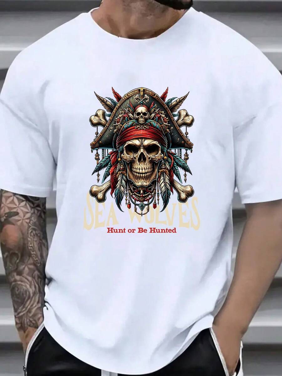 Camiseta Casual de Moda para Hombre, Estampado de Calavera Pirata - Poliéster Cómodo, Cuello Redondo, Mangas Cortas - Perfecta para el Verano. - Blanco - Ver 1