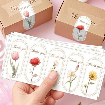 10 miếng dán hình bầu dục in chữ "Thank You" kiểu cổ điển, trang nhã, in hình hoa.