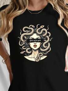Camiseta Gráfica "Medusa Snakes" para Mujer - Verde Vibrante, Manga Corta, Cuello Redondo, Estilo Casual, Elasticidad Media, Lavable a Máquina, para Todas las Temporadas, Ropa de Primavera, Diseño Atrevido, Ajuste Cómodo, Camiseta Y2k - Blanco - Ver 10