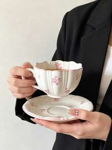 1pc French Retro Embossed Cherry Blossom Coffee Cup & Saucer, Exquisite Luxury Creative Floral Ceramic Cup & Plate, Household Afternoon Tea Cup - Multicolor - View 10
