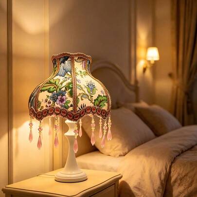 French Retro Pastoral Purple & Blue Floral Lamp Shade, Ditsy Floral Lace Trim Crystal Pendant Lamp Shade Replacement, Soft Light Cover, Accessory Only (Lamp Base Not Included)