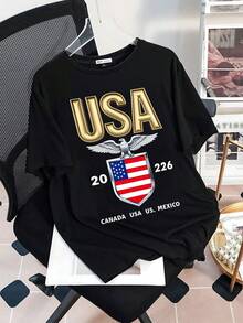 Águila plateada sobre escudo con la bandera de Estados Unidos representando fuerza y libertad junto al número 20226 y países vecinos Canadá y México camiseta de mujer 100% algodón cómoda y moderna para uso diario - Negro - Ver 3