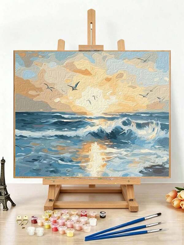 1Pc Diy Digital Oil Painting (Paint By Numbers) - Canvas Art For Adults. This Artwork Unfolds Like A Scenic Scroll, Featuring The Sea And Seagulls As Its Stage; An Ideal Handmade Art Gift And Wall Decoration For The Bedroom.