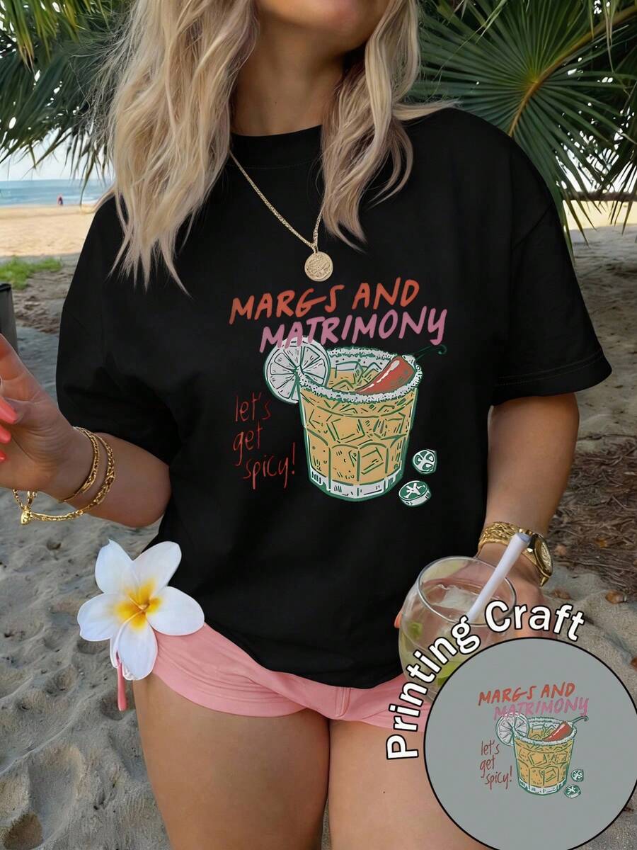 Women's Summer 2026 T-Shirt With Daisy Print And 'MARGS AND MATRIMONY' Text, Casual Design, Easy To Wash, Ideal For Travel And Everyday Wear - 黑色 - 查看 1