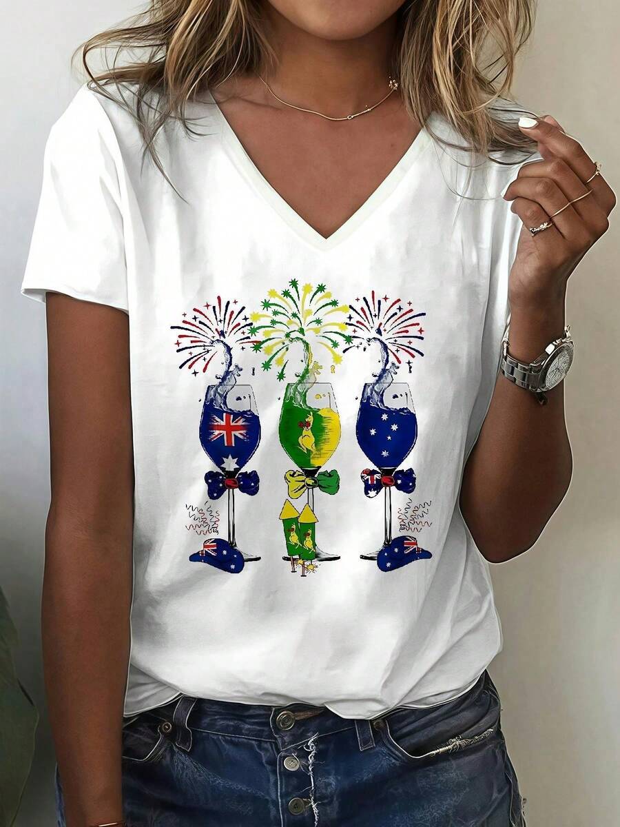 LZ250508 (61) Women's Casual Short Sleeve T-Shirt With 2D Flat Print, Casual Summer Tops For Spring, Summer And Autumn - Fashionable Women's Clothing For Daily Wear - [白色的] - 查看 1
