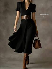 (No Belt Included) Spring/Summer Solid Color Shirt Midi Dress, Vintage Loose Long Dress Design Elegant Black - Black - View 2