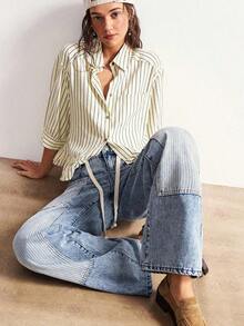 BohoFeels Pantalones vaqueros de tiro bajo, estilo boho, de invierno/primavera, para mujer, con estampado de rayas, parches de mezclilla lavada y pierna recta holgada, en estilo occidental y campestre, adecuados para conciertos, fiestas, vacaciones en la playa, uso diario, vuelta al colegio, salidas y fiestas, Año Nuevo - Multicolor - Ver 5