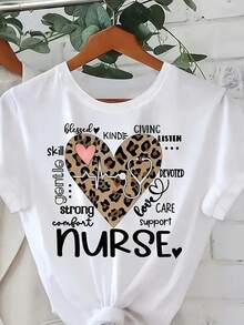 1 Women's Short Sleeve T-Shirt With Heart Print And "Nurse" Design, Leopard Print And Stethoscope, Warm And Comfortable Casual Wear, Perfect Gift For Nurses, Birthdays Or Holidays, Comfortable Clothing.| Leopard Print Design| Fashion T-Shirt, Gifts For Nurses, Y2K Style - 白色 - 查看 1