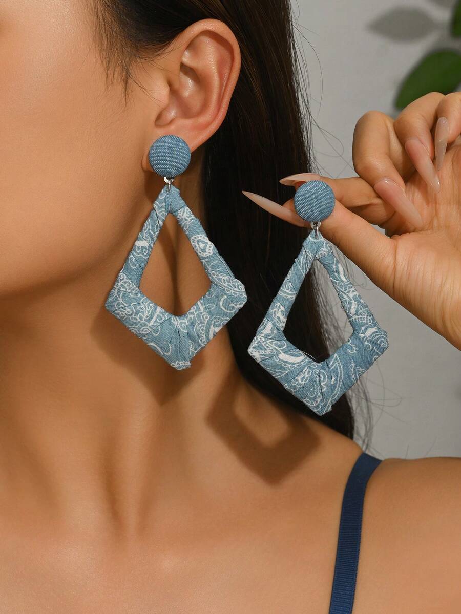 一对手工编织波西米亚西部牛仔朋克风腰果图案耳环/休闲时尚夸张菱形几何耳环,适合女性日常、度假、派对佩戴,可搭配腰果图案服装 - 棱形-E - 查看 1
