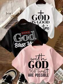 Nueva camiseta de moda para mujer, estampado con frases religiosas inspiradoras, cuello redondo, camiseta de talla grande, de algodón puro para verano, holgada y estilizadora, entrega local, top casual a la moda, estilo casual, cuello redondo, ligeramente elástica. - Negro - Ver 8