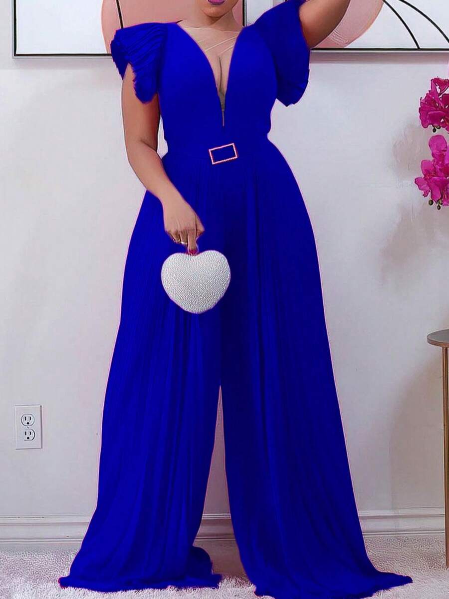 Mono veraniego para mujer de cuello en V profundo, malla transparente combinada, cintura con pliegues, color liso y pierna ancha - Azul real + cinturón - Ver 1