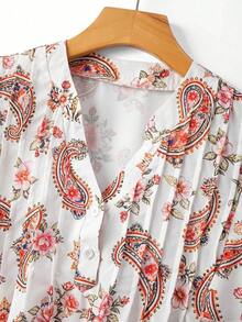 Blusa casual de mujer con estampado de cerezas, cuello plisado y mangas cortas de campana en silueta "H", para uso diario y vacaciones - Multicolor 2 - Ver 3