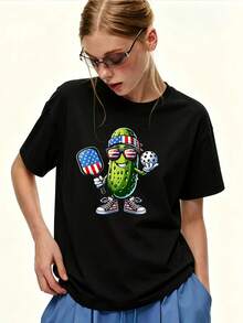 Camiseta de Mujer 180G con Estampado Gráfico de la Bandera Americana y Pickleball, Manga Corta, Corte Holgado, Estilo Casual, Verano 2024, Regalo Patriótico para Familia, Empresa, Team Building - Negro - Ver 6