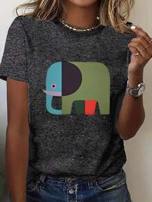 Plus Size, Women's Oversized T-Shirt With Abstract Elephant And Letter Print '' (For Mare/ Marie) - Round Neck, Casual, Warm For Winter - Machine Washable, Comfortable - Chinese Textile Product Labeling - In Stock For Immediate Delivery - Dark Grey - View 6