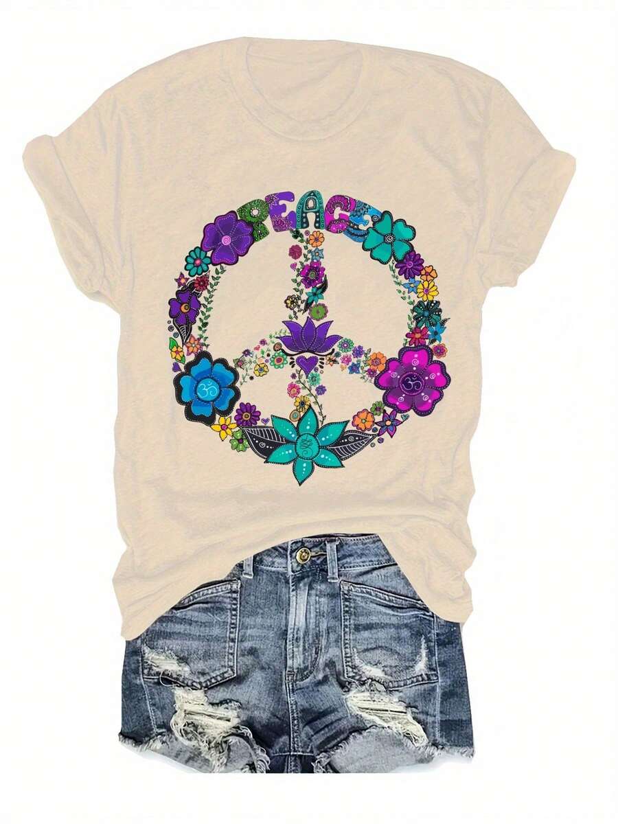 Women's Plus Size Black T-Shirt With Vibrant Floral Design And Peace Symbol - Casual Crew Neck, Short Sleeve, Summer And Spring Top, Casual Wear | Peace Symbol Top | Stretch Fabric - 杏色 - 查看 1