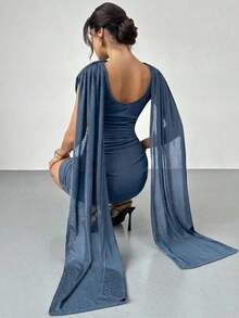 Vestido elegante y casual con cinta fluida y delgada, vestido de festival/vestidos elegantes para fiesta/atuendos de Acción de Gracias para mujeres/vestido de Año Nuevo/vestidos de invierno para mujeres/ropa de otoño/vestido de Año Nuevo/vestido de fiesta/falda negra/vestido negro - Niebla azul - Ver 2