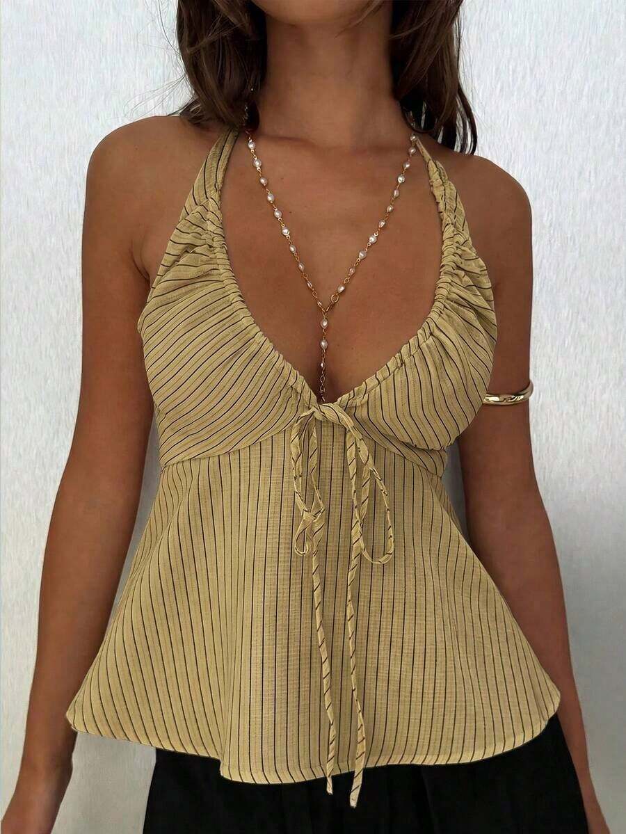 Camiseta de mujer con cuello halter sexy de cuello en V profundo y amarres delanteros a rayas - Verde Oliva - Ver 1