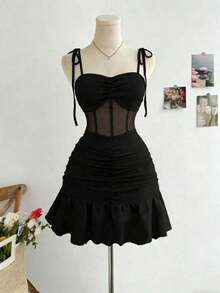 Nuevo vestido mini elegante y sexy con tirantes finos, de punto y malla, apropiado para citas y fiestas - Negro - Ver 6