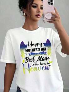 1 Piece Women's Plus Size Casual T-Shirt With Wing Print And The Phrase "Happy Mother's Day To The Best Mom In Heaven", Soft And Comfortable, Mother's Day Gift, 180g, 100% Cotton - 白色 - 查看 6
