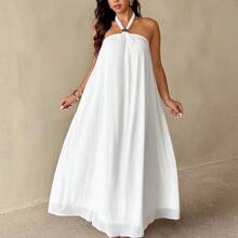 New Summer White Halter Loose A-Line Dress, Suitable For Beach, Party, Wedding, Valentine's Day, Cocktail, Sexy, Commute, Elegant Romantic, Birthday Party, Music Festival, White Dress With Metal Buckle/White Dress For Prom/Wedding Season/Valentine's Day/Party/Sexy/Commuting/Elegant And Romantic/Birthday Party/Music Festival/ - Blanco - Ver 4