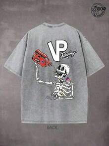 Camisetas Esqueleto VP Racing, Camisetas con Diseños Gráficos Atractivos, Ropa para la Vida del Drifting y las Carreras, Especialmente Diseñada para Amantes de los Coches;Camiseta de Algodón Lavado de 230G con Estampado a Doble Cara, Ropa para Hombre, Cómoda y Elegante, Regalos para Hombres, Camiseta Gráfica, Ropa Urbana, Deportes al Aire Libre, Camisetas Casuales Unisex - Blanco - Ver 3