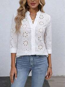 Blusa de mujer con bordado floral y cuello con muesca, manga 3/4.Tops de manga tres cuartos - Blanco 6 - Ver 6