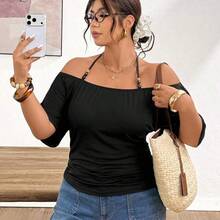 Plus Size Women's Off-Shoulder Black T-Shirt With Beaded Tie Design - Caqui - Ver 5