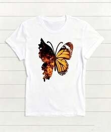 Set Of Short-Sleeved Round Neck T-Shirts. Single Garment, Not A 3-Piece Set. 1 Piece/Set Of Short-Sleeved T-Shirts Suitable For Streetwear. Top Oversized Round Neck For Daily Outings, Camping, Concerts, Hip-Hop, Rock, And Rap Events For Women, With A Print Of Sunflowers, Butterflies, And Letters. - 白色 - 查看 2