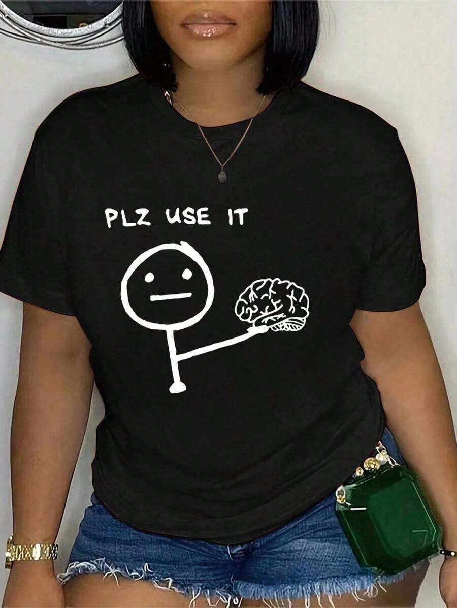 1pscSHEIN Camiseta de mujer de talla grande con estampado de dibujos animados y eslogan de manga corta, cuello redondo con texto "PLZ USE IT" Camiseta gráfica para verano100% Cotton - Negro - Ver 1