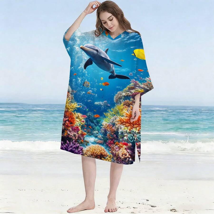 1件装轻便速干带帽沙滩斗篷浴巾 - 成人涤纶可穿戴浴巾斗篷，饰有海豚和珊瑚印花，柔软吸水，是游泳、海滩和旅行的理想之选。